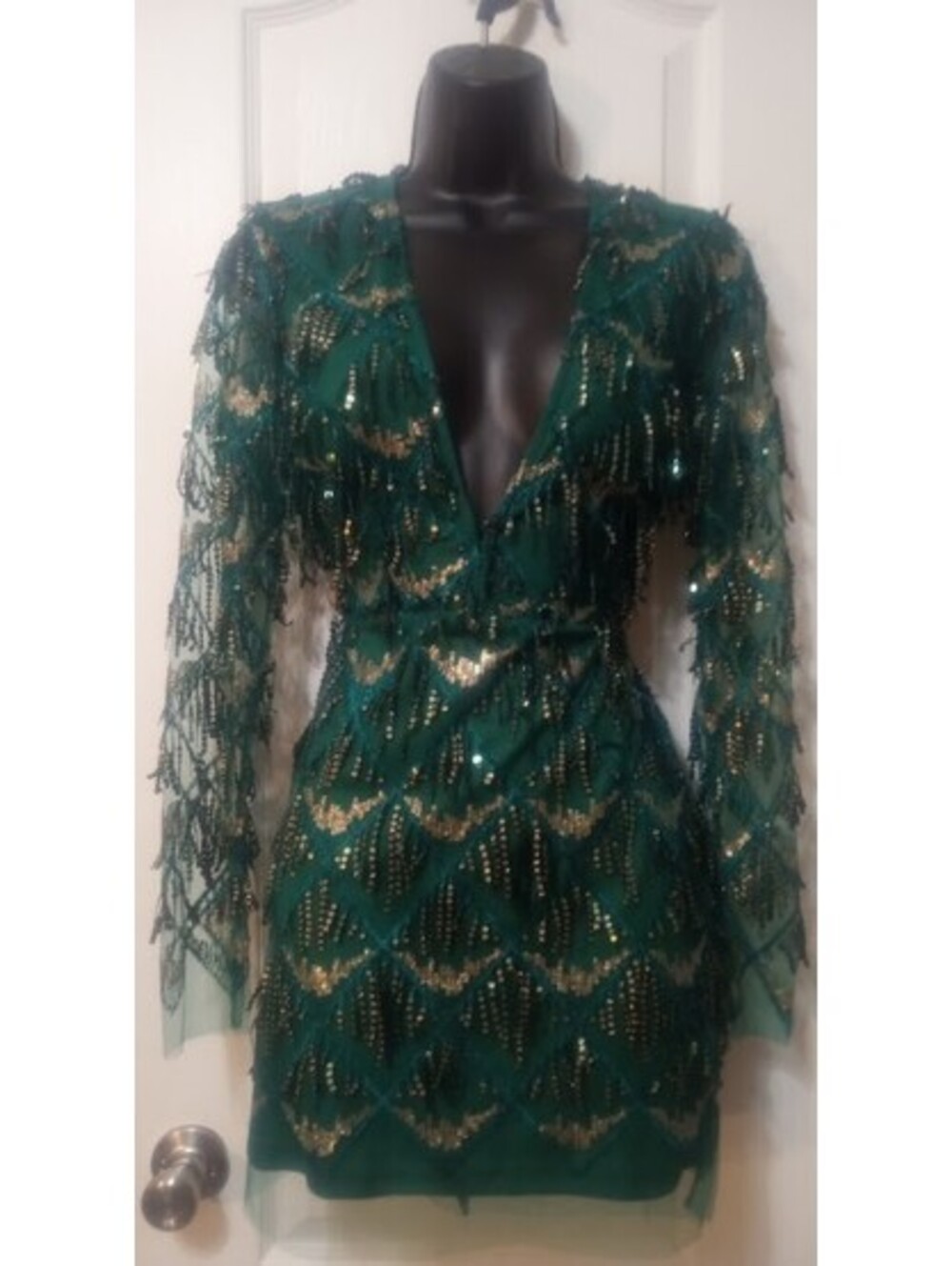 Superdown Dark Green Sequin Dress  Extra Deep V-neck|Small | GUC Mardi Gras